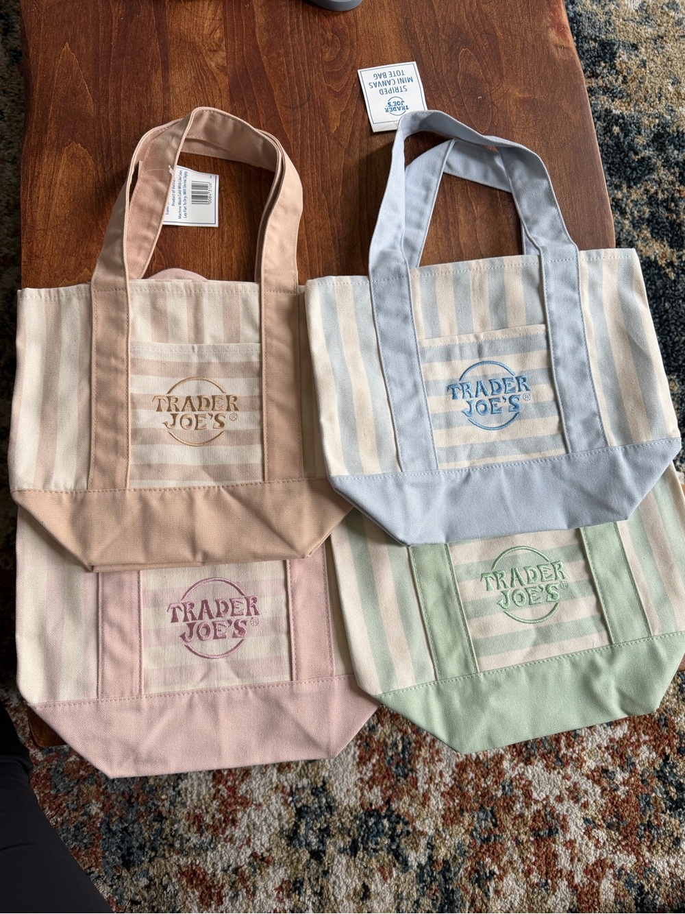 NWT Trader Joe's pastel striped mini canvas tote bags set